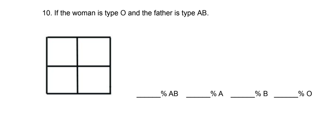 10. If the woman is type O and the father is type AB.
% AB
% A
% B
%0%

