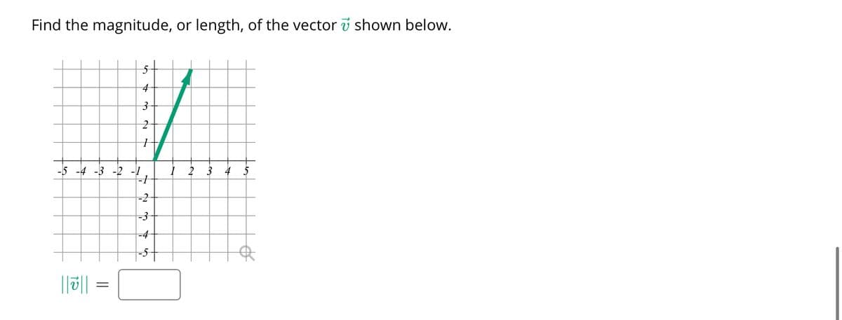 Find the magnitude, or length, of the vector i shown below.
3-
-5 -4 -3 -2 -1
4 5
-2
-3-
-4
||0|| =
2.
