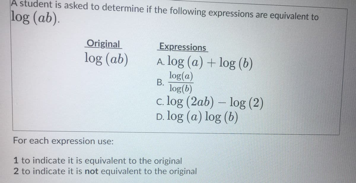 A student is asked to determine if the following expressions are equivalent to
log (ab).
Original
Expressions
log (ab)
A. log (a) + log (b)
log(a)
В.
log(b)
c. log (2ab) – log (2)
D. log (a) log (b)
For each expression use:
1 to indicate it is equivalent to the original
2 to indicate it is not equivalent to the original
