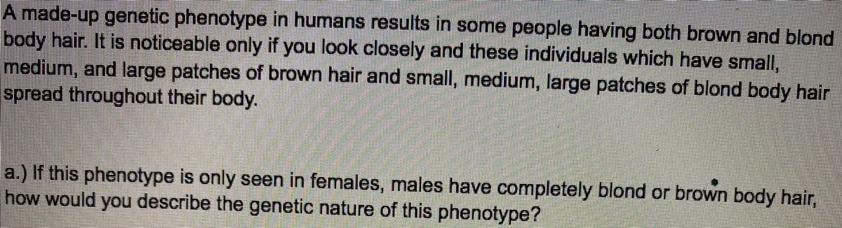 A made-up genetic phenotype in humans results in some people having both brown and blond
body hair. It is noticeable only if you look closely and these individuals which have small.
medium, and large patches of brown hair and small, medium, large patches of blond body hair
spread throughout their body.
a.) If this phenotype is only seen in females, males have completely blond or brown body hair,
how would you describe the genetic nature of this phenotype?
