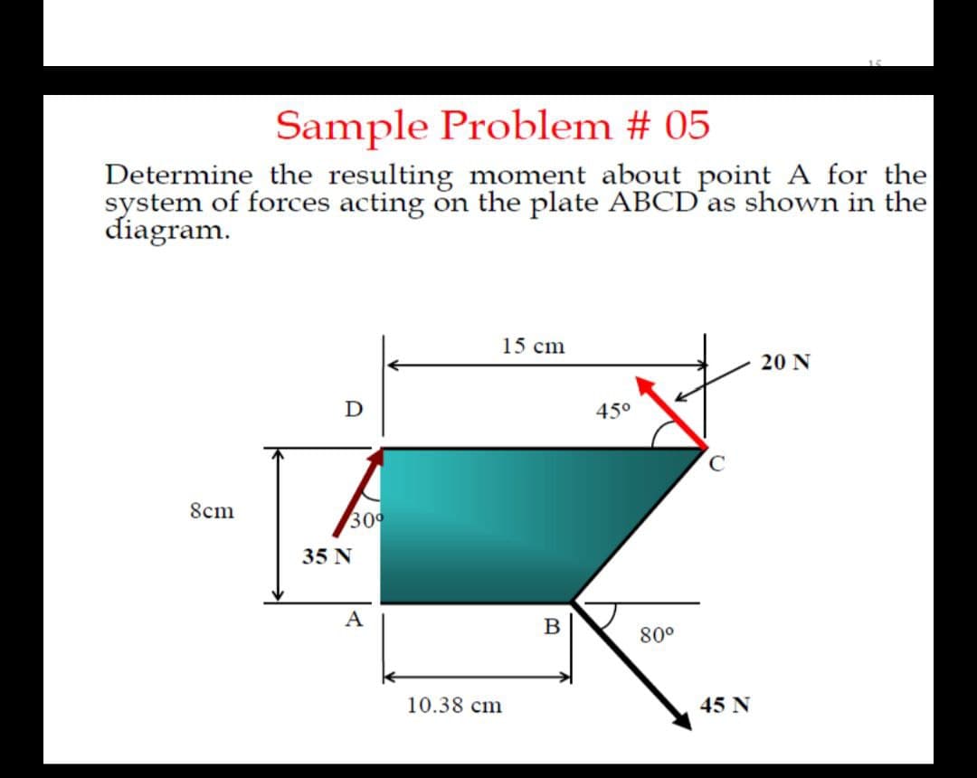 Sample Problem # 05
Determine the resulting moment about point A for the
system of forces acting on the plate ABCD’as shown in the
diagram.
15 cm
20 N
D
45°
8cm
300
35 N
A
В
80°
10.38 cm
45 N
