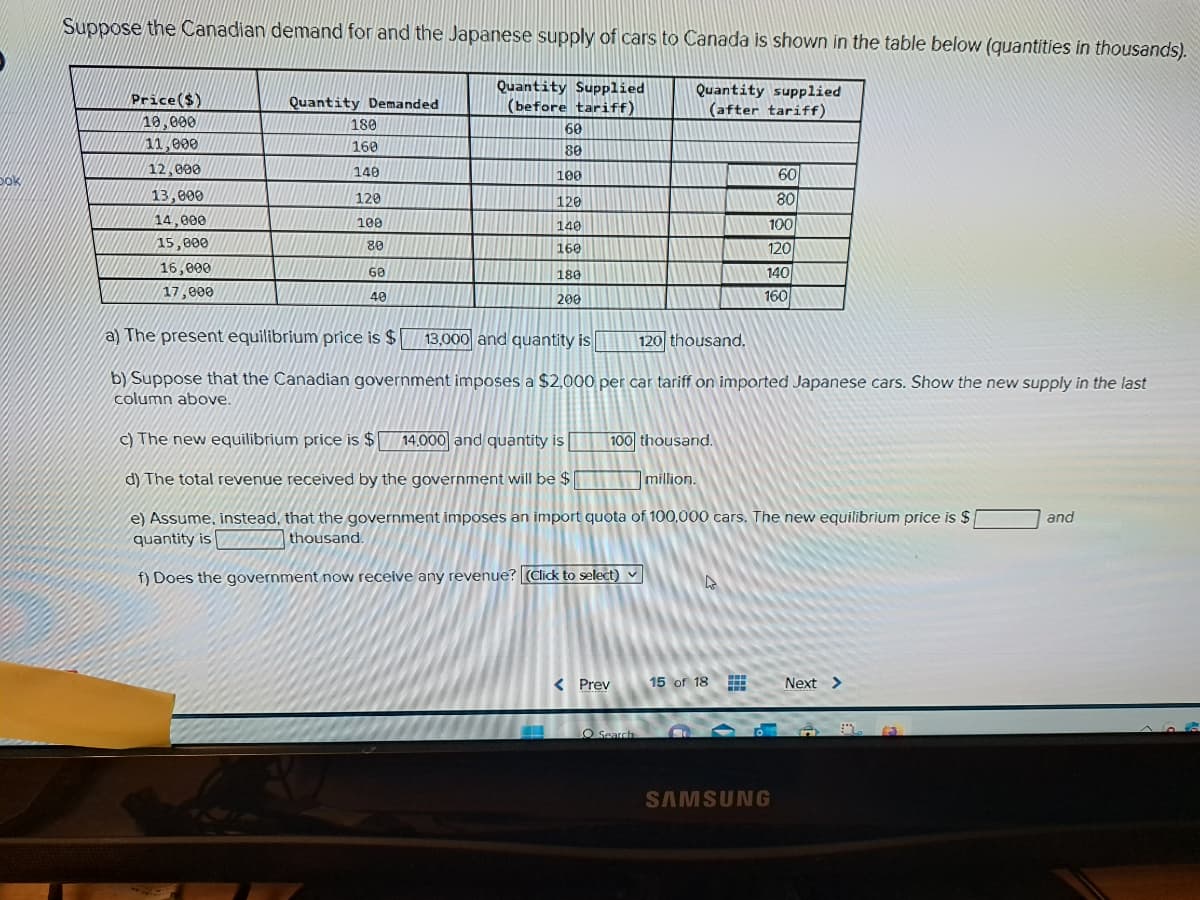 Dok
Suppose the Canadian demand for and the Japanese supply of cars to Canada is shown in the table below (quantities in thousands).
Quantity Supplied
(before tariff)
Quantity supplied
(after tariff)
Price ($)
10,000
11,000
12,000
13,000
14,000
15,000
16,000
17,000
Quantity Demanded
180
160
140
120
100
80
68
40
60
80
100
120
140
160
180
200
a) The present equilibrium price is $
13,000 and quantity is
120 thousand.
b) Suppose that the Canadian government imposes a $2,000 per car tariff on imported Japanese cars. Show the new supply in the last
column above.
100 thousand.
c) The new equilibrium price is $ 14.000 and quantity is
d) The total revenue received by the government will be $
million.
e) Assume, instead, that the government imposes an import quota of 100,000 cars. The new equilibrium price is $
quantity is
thousand.
f) Does the government now receive any revenue? (Click to select)
< Prev
O Search
4
15 of 18
60
80
100
120
140
160
#
SAMSUNG
Next >
2
and