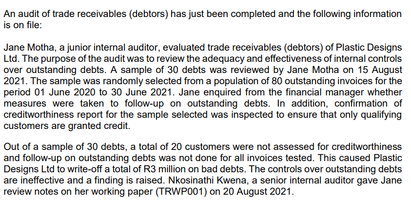 An audit of trade receivables (debtors) has just been completed and the following information
is on file:
Jane Motha, a junior internal auditor, evaluated trade receivables (debtors) of Plastic Designs
Ltd. The purpose of the audit was to review the adequacy and effectiveness of internal controls
over outstanding debts. A sample of 30 debts was reviewed by Jane Motha on 15 August
2021. The sample was randomly selected from a population of 80 outstanding invoices for the
period 01 June 2020 to 30 June 2021. Jane enquired from the financial manager whether
measures were taken to follow-up on outstanding debts. In addition, confirmation of
creditworthiness report for the sample selected was inspected to ensure that only qualifying
customers are granted credit.
Out of a sample of 30 debts, a total of 20 customers were not assessed for creditworthiness
and follow-up on outstanding debts was not done for all invoices tested. This caused Plastic
Designs Ltd to write-off a total of R3 million on bad debts. The controls over outstanding debts
are ineffective and a finding is raised. Nkosinathi Kwena, a senior internal auditor gave Jane
review notes on her working paper (TRWP001) on 20 August 2021.
