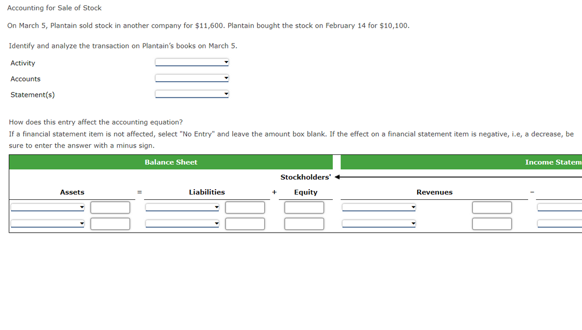 Accounting for Sale of Stock
On March 5, Plantain sold stock in another company for $11,600. Plantain bought the stock on February 14 for $10,100.
Identify and analyze the transaction on Plantain's books on March 5.
Activity
Accounts
Statement(s)
How does this entry affect the accounting equation?
If a financial statement item is not affected, select "No Entry" and leave the amount box blank. If the effect on a financial statement item is negative, i.e, a decrease, be
sure to enter the answer with a minus sign.
Assets
Balance Sheet
Liabilities
Stockholders'
Equity
Revenues
Income Statem