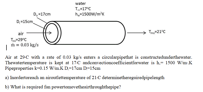 water
T=17°C
Do =17cm
h=1500W/m²K
D; =15cm.
air
Tmo=21°C
Tmi=29°C
m = 0.03 kg/s
Air at 29.C with a rate of 0.03 kg/s enters a circularpipethat is constructedunderthewater.
Thewatertemperature is kept at 17.C andconvectioncoefficientforwater is h.= 1500 W/m:.K
Pipeproperties k=0.15 W/m.K D.=17cm D=15cm
a) Inordertoreach an airoutlettemperature of 21-C determinethereguiredpipelength
b) What is required fan powertomovetheairthroughthepipe?
