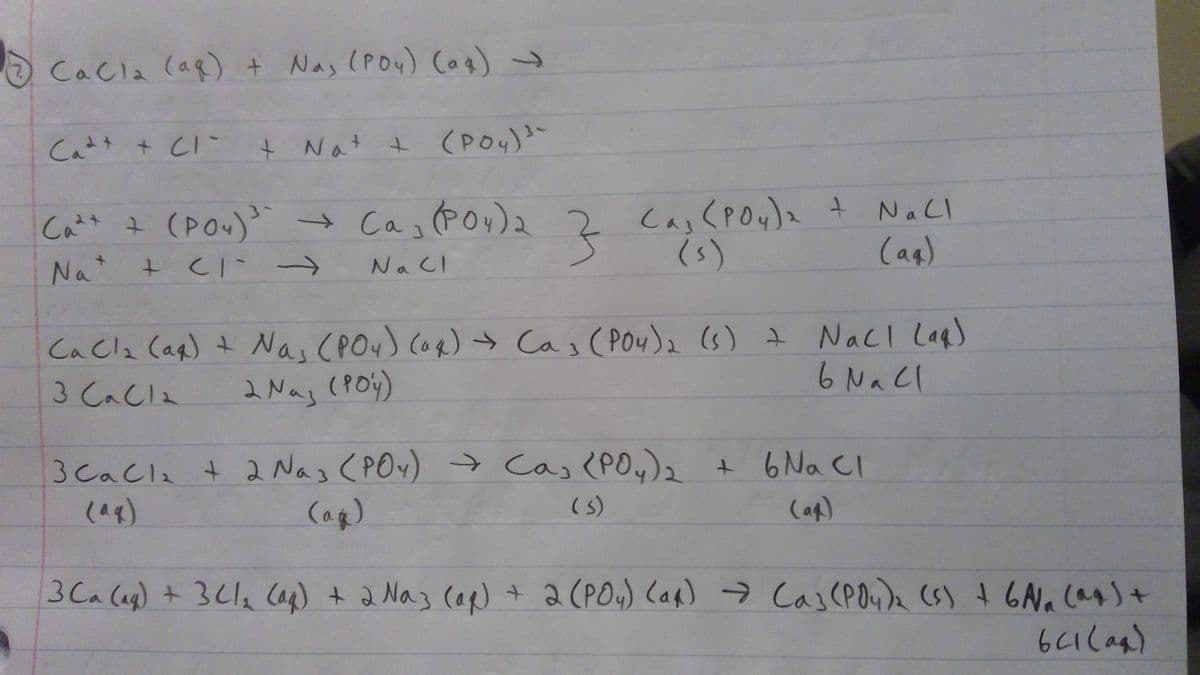 CaCl2 (aq) + Nas (PO4) (aq) →
Cat+ + C1 + Not + (PO4) ³-
a
3
Ca²+ + (PO4)³` → Cas (PO4)2
Na+ + CI
+ (1 -
Na Cl
3
Cas (PO4)₂ + NaCl
(s)
(aq)
CaCl₂ (aq) + Nas (PO4) (aq) → Ca 3 (PO4)2 (s) + NaCl (aq)
6 Nall
2 Naz (PO4)
3 CaCl₂
3 CaCl₂ + 2 Naz (POY) → Cas (PO4)₂ + 6 Na Cl
(aq)
(aq)
(ی )
3 Ca (aq) + 3C/₂ (aq) + 2 Naz (ap) + 2 (POy) (ap) → (as (PO4)2 (s) + 6N₁ (aq) +
641 (aq)