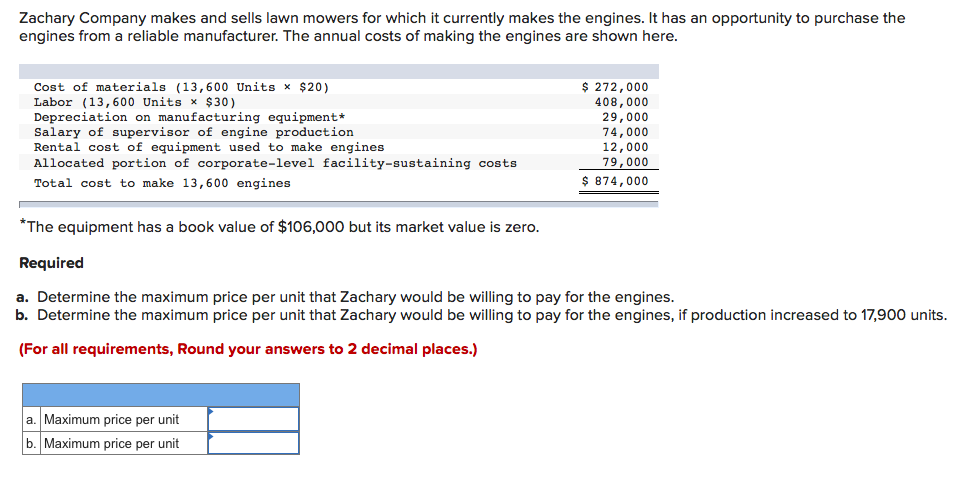 Zachary Company makes and sells lawn mowers for which it currently makes the engines. It has an opportunity to purchase the
engines from a reliable manufacturer. The annual costs of making the engines are shown here.
$ 272,000
Cost of materials (13,600 Units x $20)
Labor (13,600 Units x $30)
Depreciation on manufacturing equipment*
Salary of supervisor of engine production
Rental cost of equipment used to make engines
Allocated portion of corporate-level facility-sustaining costs
408,000
29,000
74,000
12,000
79,000
Total cost to make 13,600 engines
$ 874,000
*The equipment has a book value of $106,000 but its market value is zero.
Required
a. Determine the maximum price per unit that Zachary would be willing to pay for the engines.
b. Determine the maximum price per unit that Zachary would be willing to pay for the engines, if production increased to 17,900 units.
(For all requirements, Round your answers to 2 decimal places.)
a. Maximum price per unit
b. Maximum price per unit
