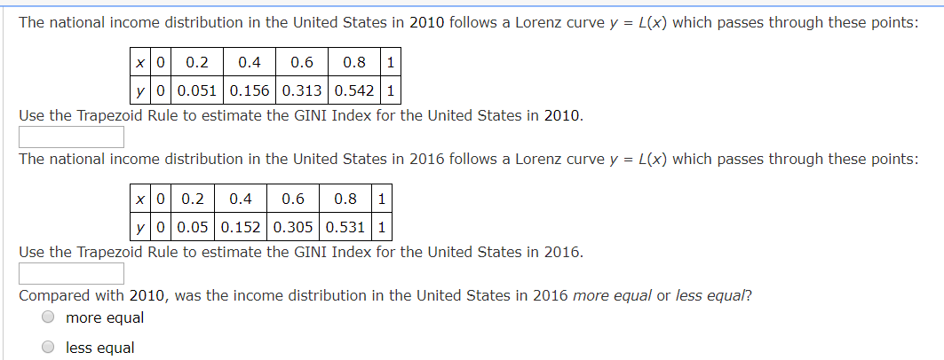 The national income distribution in the United States in 2010 follows a Lorenz curve y = L(x) which passes through these points:
0.2
0.4
0.6
0.8
y0 0.051 0.156 0.313 0.542 1
Use the Trapezoid Rule to estimate the GINI Index for the United States in 2010.
The national income distribution in the United States in 2016 follows a Lorenz curve y = L(x) which passes through these points:
x0 0.2
0.4
0.6
0.8
y00.05 0.152 0.305 0.531 1
Use the Trapezoid Rule to estimate the GINI Index for the United States in 2016.
Compared with 2010, was the income distribution in the United States in 2016 more equal or less equal?
O more equal
O less equal
