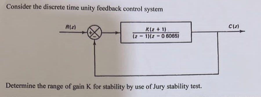 Consider the discrete time unity feedback control system
A(z)
K(z + 1)
(z-1)(z-0 6065)
Determine the range of gain K for stability by use of Jury stability test.
C(z)