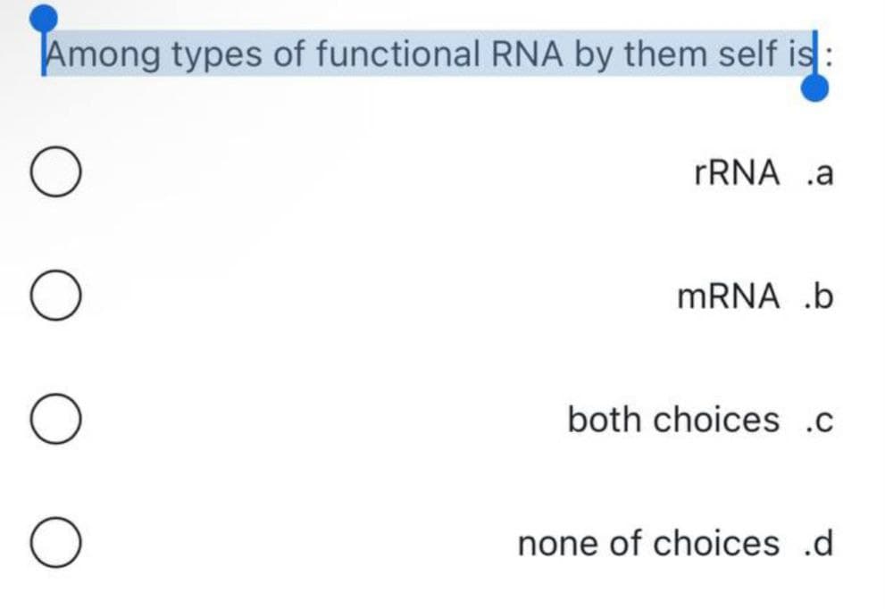 Among types of functional RNA by them self is
O
rRNA .a
mRNA .b
both choices .c
O
none of choices .d