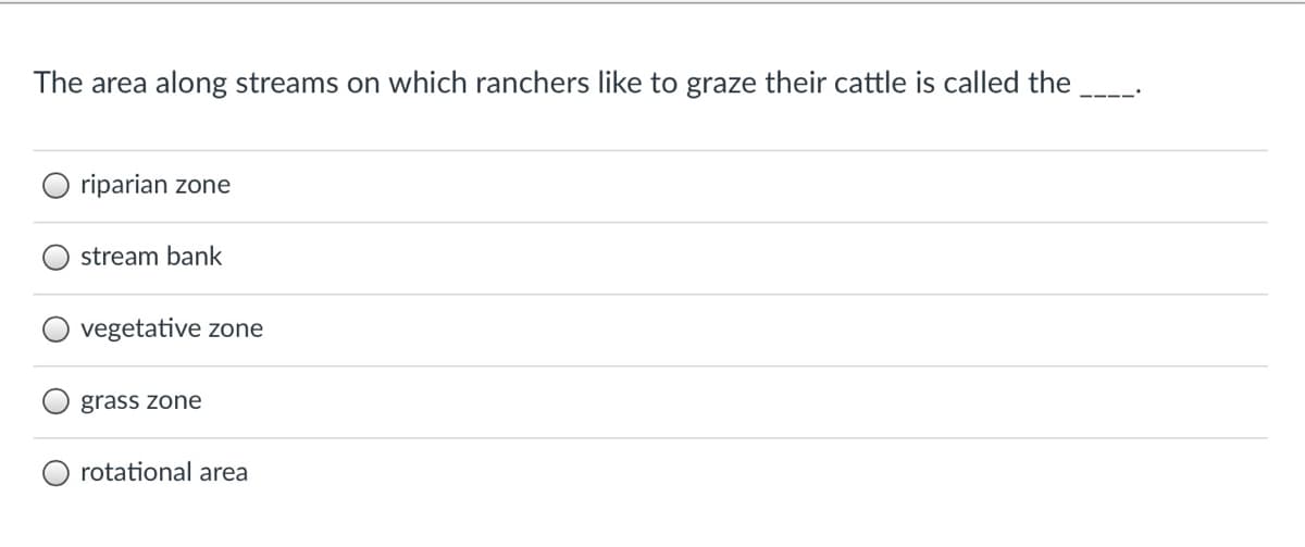 The area along streams on which ranchers like to graze their cattle is called the
riparian zone
stream bank
vegetative zone
grass zone
rotational area

