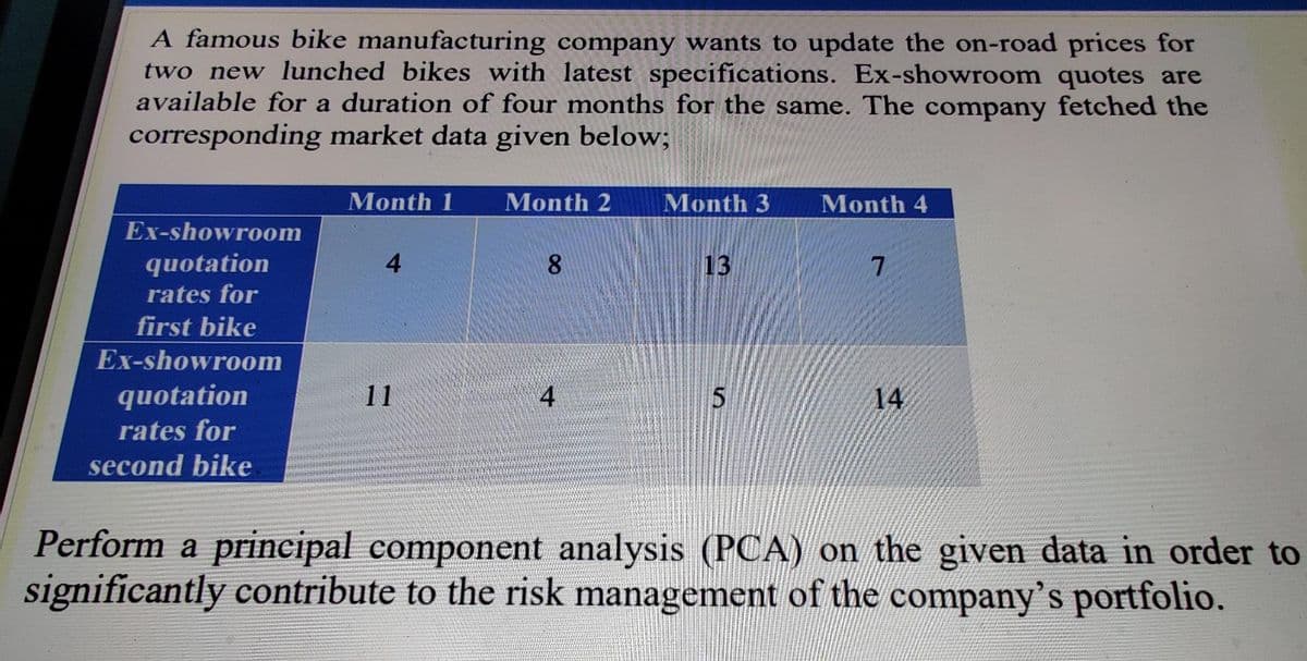 A famous bike manufacturing company wants to update the on-road prices for
two new lunched bikes with latest specifications. Ex-showroom quotes are
available for a duration of four months for the same. The company fetched the
corresponding market data given below;
Month 1
Month 2
Month 3
Month 4
Ex-showroom
quotation
rates for
4
8
13
first bike
Ex-showroom
quotation
11
4
14
rates for
second bike
Perform a prineipal component analysis (PCA) on the given data in order to
significantly contribute to the risk management of the company's portfolio.
