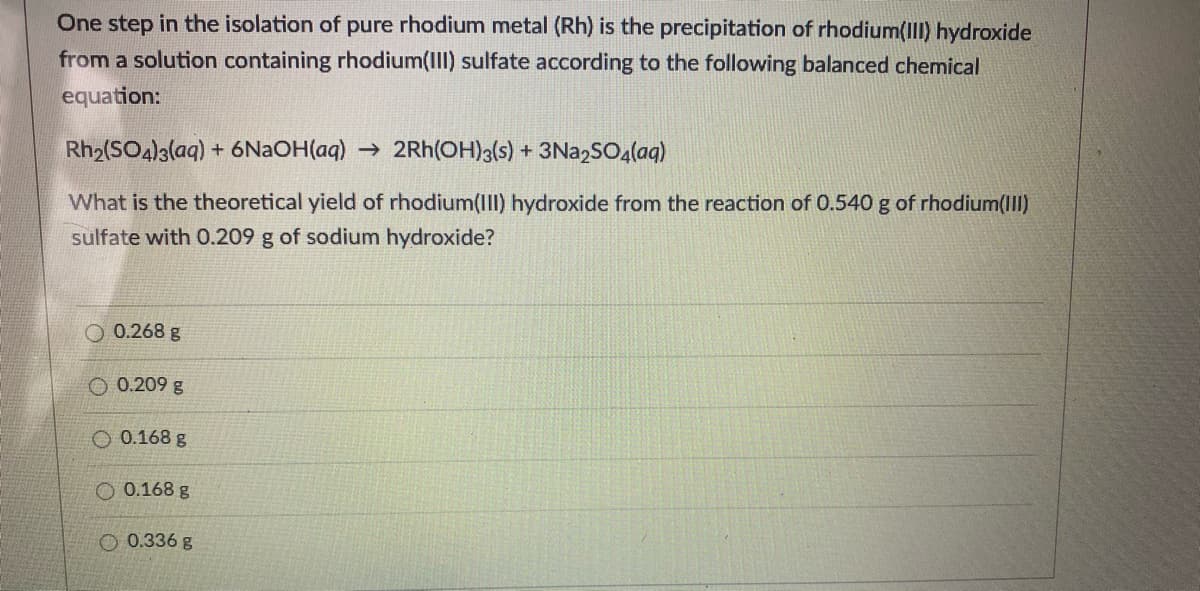 One step in the isolation of pure rhodium metal (Rh) is the precipitation of rhodium(Ill) hydroxide
from a solution containing rhodium(III) sulfate according to the following balanced chemical
equation:
Rh2(SO4)3(aq) + 6NAOH(aq) → 2Rh(OH)3(s) + 3Na2SO4laq)
What is the theoretical yield of rhodium(III) hydroxide from the reaction of 0.540 g of rhodium(I)
sulfate with O.209 g of sodium hydroxide?
O 0.268 g
O 0.209 g
O 0.168 g
O 0.168 g
O 0.336 g
