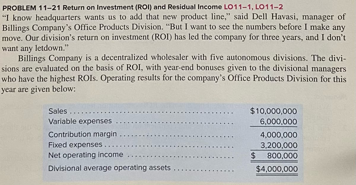 PROBLEM 11-21 Return on Investment (ROI) and Residual Income LO11-1, LO11-2
"I know headquarters wants us to add that new product line," said Dell Havasi, manager of
Billings Company's Office Products Division. "But I want to see the numbers before I make any
move. Our division's return on investment (ROI) has led the company for three years, and I don't
want any letdown."
Billings Company is a decentralized wholesaler with five autonomous divisions. The divi-
sions are evaluated on the basis of ROI, with year-end bonuses given to the divisional managers
who have the highest ROIS. Operating results for the company's Office Products Division for this
year are given below:
Sales
$10,000,000
Variable expenses
6,000,000
Contribution margin
4,000,000
Fixed expenses
3,200,000
$.
800,000
Net operating income
Divisional average operating assets
$4,000,000
