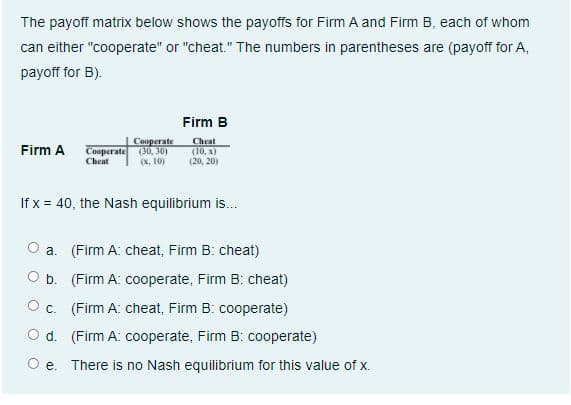 The payoff matrix below shows the payoffs for Firm A and Firm B, each of whom
can either "cooperate" or "cheat." The numbers in parentheses are (payoff for A,
payoff for B).
Firm B
Cooperate
Cooperate (30, 30)
(x, 10)
Cheat
(10, X)
(20, 20)
Firm A
Chent
If x = 40, the Nash equilibrium is.
O a. (Firm A: cheat, Firm B: cheat)
O b. (Firm A: cooperate, Firm B: cheat)
O c. (Firm A: cheat, Firm B: cooperate)
O d. (Firm A: cooperate, Firm B: cooperate)
O e. There is no Nash equilibrium for this value of x.
