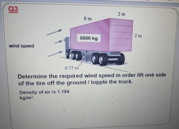 Q3
2 m
8 m
2 m
5000 kg
wind speed
0.75 m
Determine the required wind speed in order lift one side
of the tire off the ground / topple the truck.
Density of air is 1.184
kg/m3
