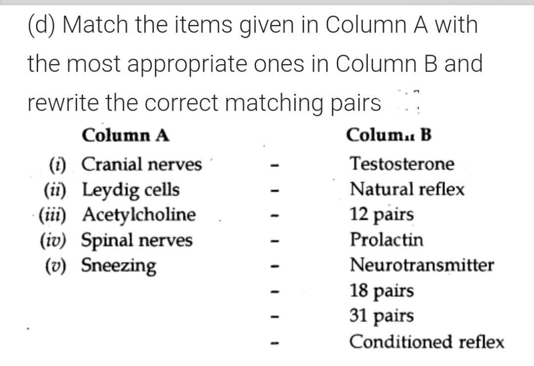(d) Match the items given in Column A with
the most appropriate ones in Column B and
rewrite the correct matching pairs
Column A
Colum. B
(i) Cranial nerves
(ii) Leydig cells
(iii) Acetylcholine
(iv) Spinal nerves
(v) Sneezing
Testosterone
Natural reflex
12 pairs
Prolactin
Neurotransmitter
18 pairs
31 pairs
Conditioned reflex
