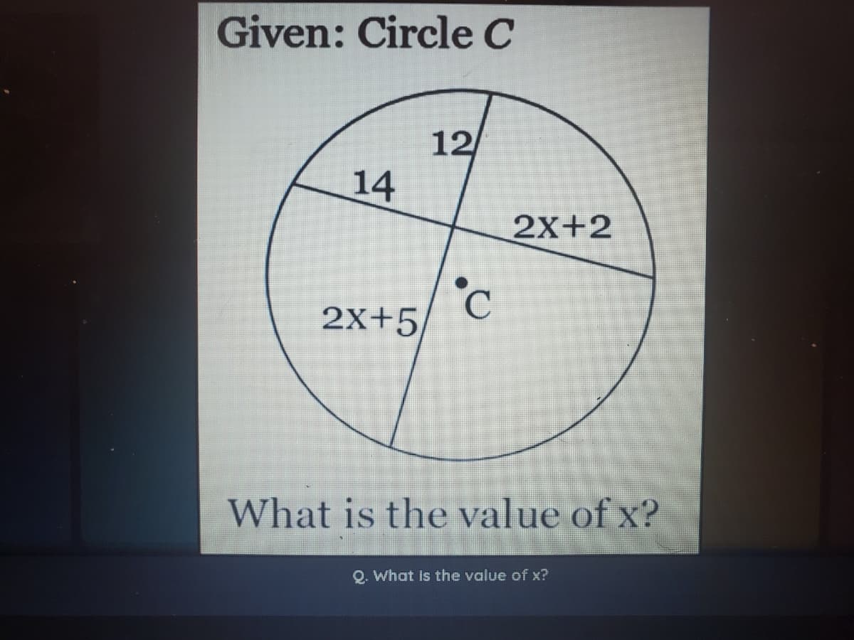 Given: Circle C
12
14
2X+2
с
2x+5
What is the value of x?
Q. What is the value of x?