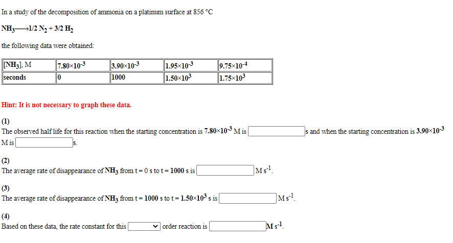 In a study of the decomposition of ammonia on a platinum surface at 856 °C
NH3¬1/2 N2 + 3/2 H,
the following data were obtained:
NH3), M
1.95x10-3
1.50x103
9.75x10-4
1.75x103
7.80×10-3
3.90x10-3
seconds
0
1000
Hint: It is not necessary to graph these data.
(1)
The observed half life for this reaction when the starting concentration is 7.80×103M is
s and when the starting concentration is 3.90×103
Mis
(2)
The average rate of disappearance of NH3 from t= 0 s to t= 1000 s is
]Ms!.
(3)
The average rate of disappearance of NH3 from t= 1000 s to t= 1.50×103 s is
]Ms!.
(4)
Based on these data, the rate constant for this
v order reaction is
Ms!
