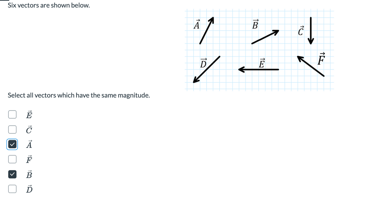Six vectors are shown below.
B
D.
Select all vectors which have the same magnitude.
