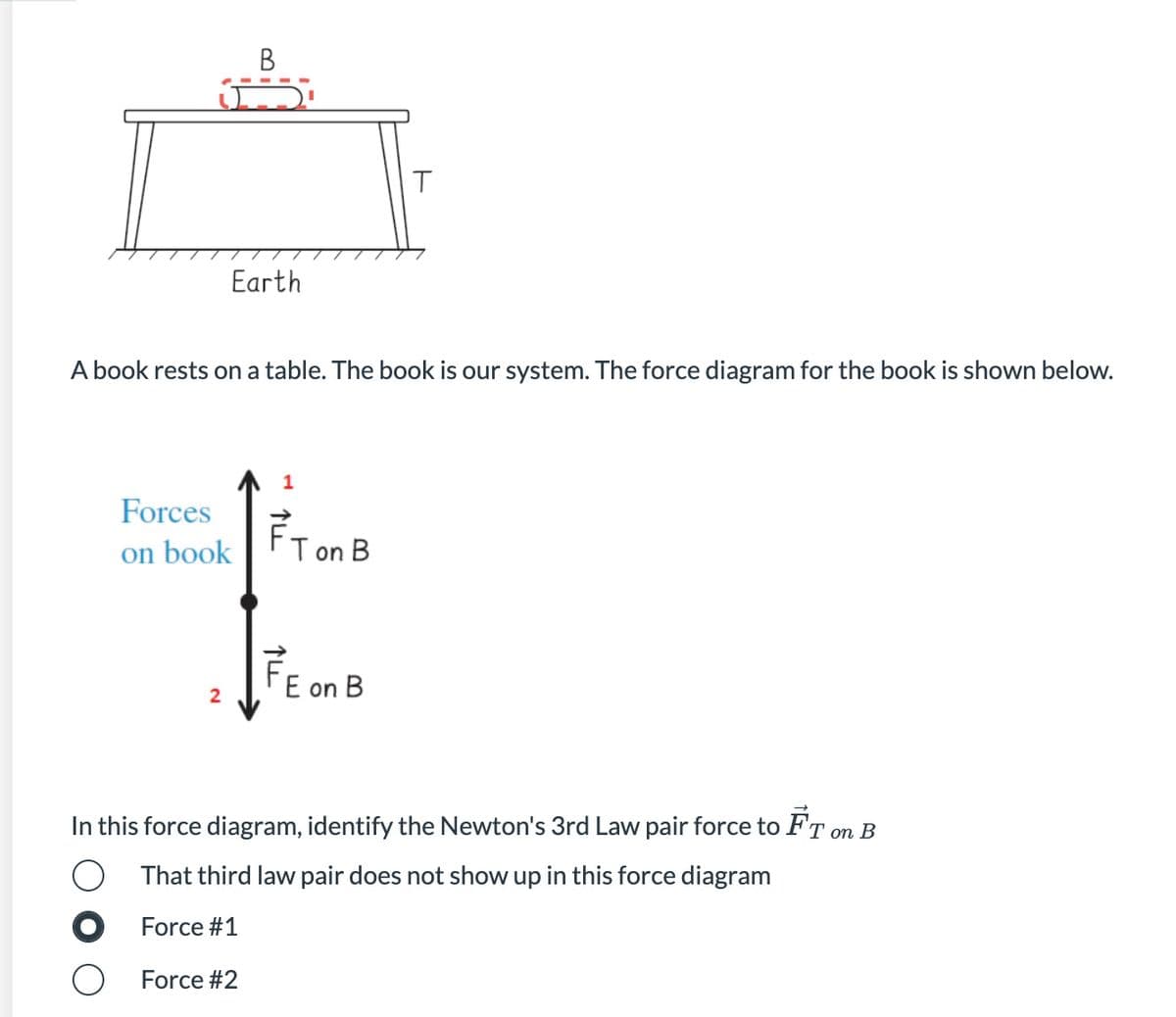 В
Earth
A book rests on a table. The book is our system. The force diagram for the book is shown below.
1
Forces
on book
Ton B
FE on B
In this force diagram, identify the Newton's 3rd Law pair force to FT on B
That third law pair does not show up in this force diagram
Force #1
Force #2
