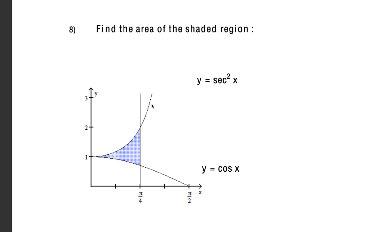 8)
Find the area of the shaded region :
y = sec? x
2+
1
y = cos x
4
프2
