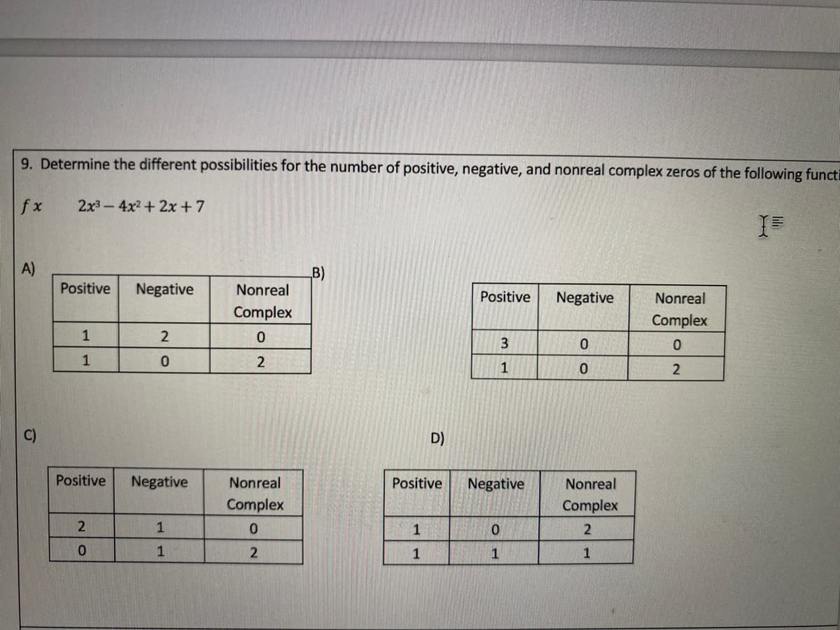 9. Determine the different possibilities for the number of positive, negative, and nonreal complex zeros of the following functi
fx
2x3-4x2+ 2x +7
B)
Nonreal
Positive
Negative
Positive
Negative
Nonreal
Complex
Complex
1
3.
1
1
D)
Positive
Negative
Nonreal
Positive
Negative
Nonreal
Complex
Complex
2
1
1
1
1
1
1
