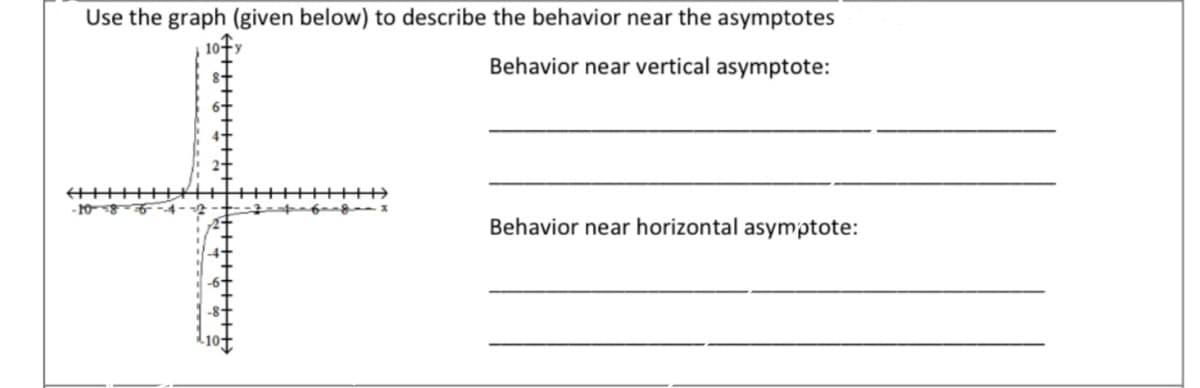 Use the graph (given below) to describe the behavior near the asymptotes
Behavior near vertical asymptote:
Behavior near horizontal asymptote:
-- m
