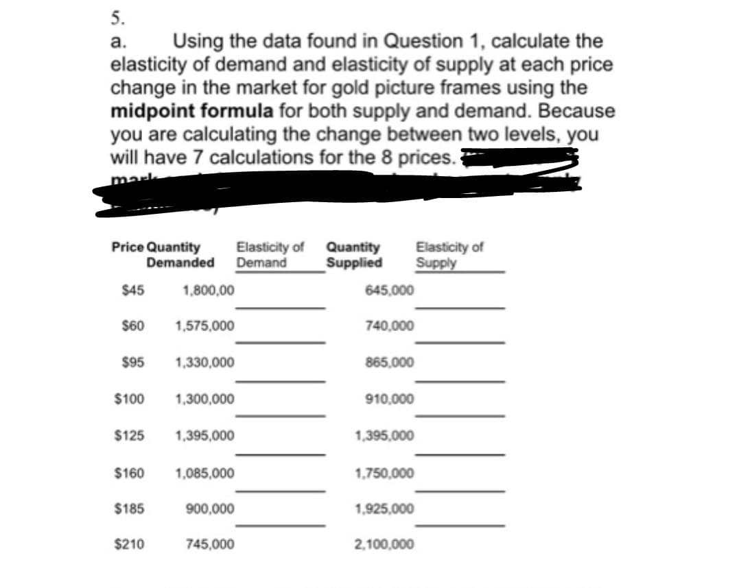 5.
a.
Using the data found in Question 1, calculate the
elasticity of demand and elasticity of supply at each price
change in the market for gold picture frames using the
midpoint formula for both supply and demand. Because
you are calculating the change between two levels, you
will have 7 calculations for the 8 prices.
mark
Price Quantity
$45
$60
$95
$100
$125
$160
$185
$210
Elasticity of
Demanded Demand
1,800,00
1,575,000
1,330,000
1,300,000
1,395,000
1,085,000
900,000
745,000
Quantity
Supplied
645,000
740,000
865,000
910,000
1,395,000
1,750,000
1,925,000
2,100,000
Elasticity of
Supply
