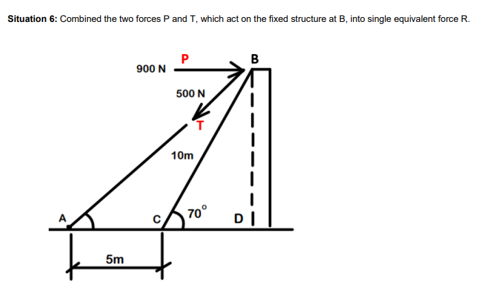 Situation 6: Combined the two forces P and T, which act on the fixed structure at B, into single equivalent force R.
5m
900 N
C
P
500 N
10m
70°
D
B