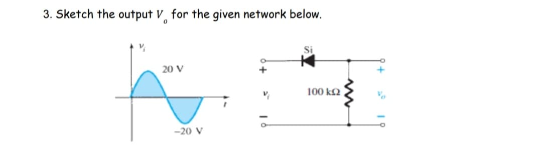 3. Sketch the output V for the given network below.
0
V₂
20 V
100 ΚΩ
-20 V