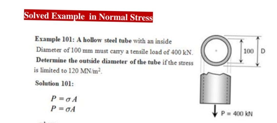 Solved Example in Normal Stress
OH
Example 101: A hollow steel tube with an inside
Diameter of 100 mm must cary a tensile load of 400 kN.
100
Determine the outside diameter of the tube if the stress
is limited to 120 MN/m?.
Solution 101:
P =o A
P = 0A
P = 400 kN
