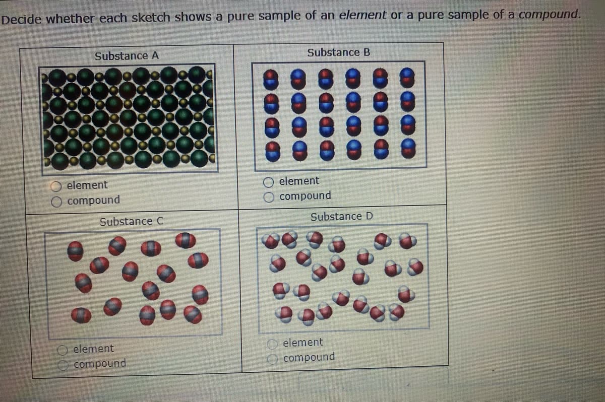 Decide whether each sketch shows a pure sample of an element or a pure sample of a compound.
R
Substance A
48
P
element
compound
*
Substance C
element
compound
*
Substance B
9
8989
O element
compound
Substance D
element
compound