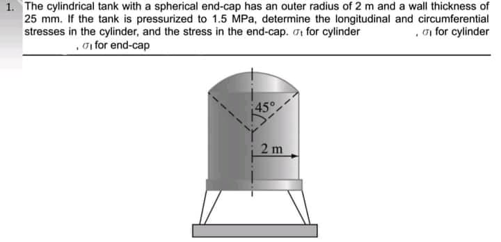 1. The cylindrical tank with a spherical end-cap has an outer radius of 2 m and a wall thickness of
25 mm. If the tank is pressurized to 1.5 MPa, determine the longitudinal and circumferential
stresses in the cylinder, and the stress in the end-cap. ot for cylinder
, oi for cylinder
, oi for end-cap
2 m
