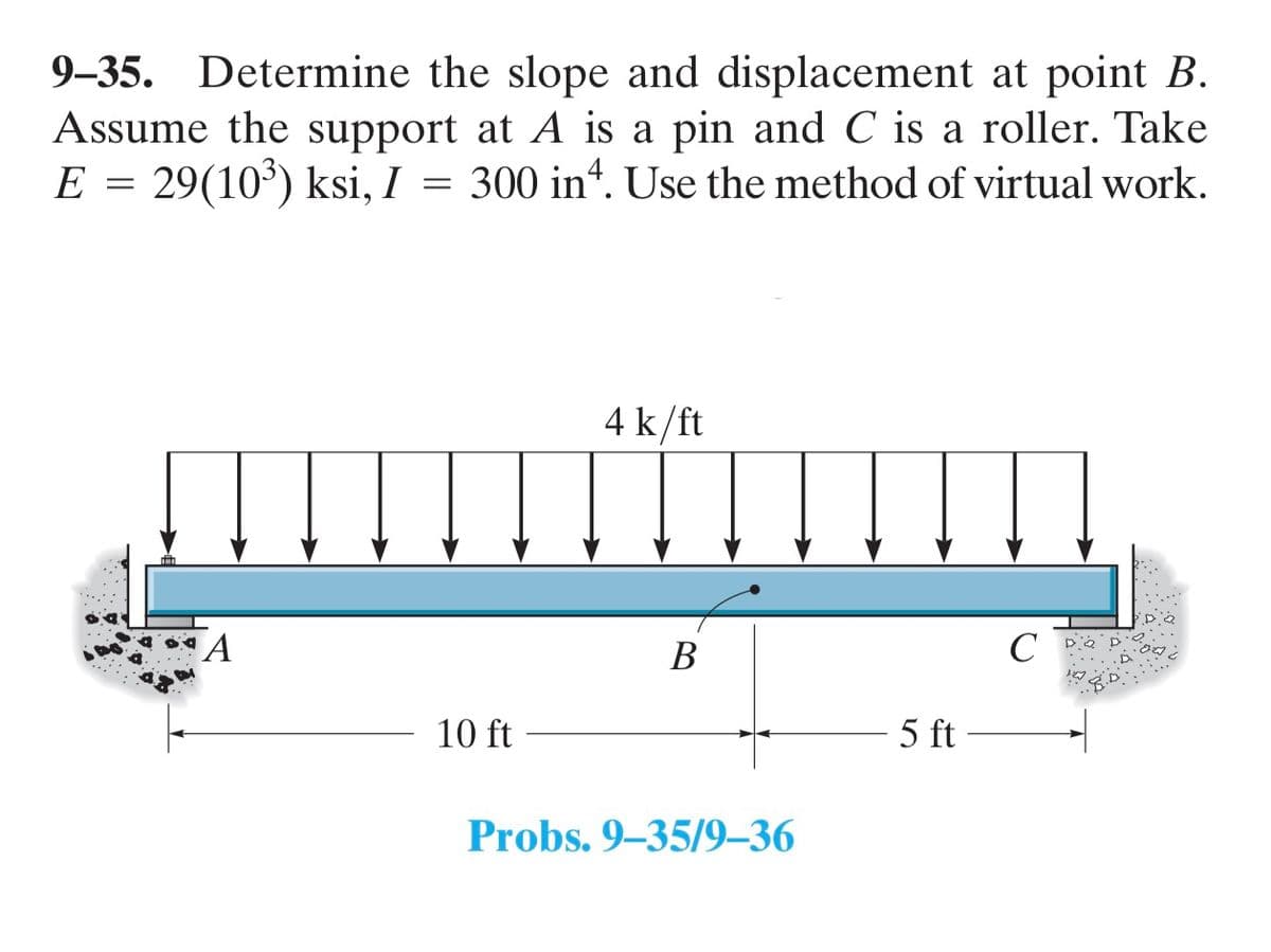 9-35. Determine the slope and displacement at point B.
Assume the support at A is a pin and C is a roller. Take
E = 29(10³) ksi, I = 300 in. Use the method of virtual work.
A
10 ft
4 k/ft
B
Probs. 9-35/9-36
5 ft
C