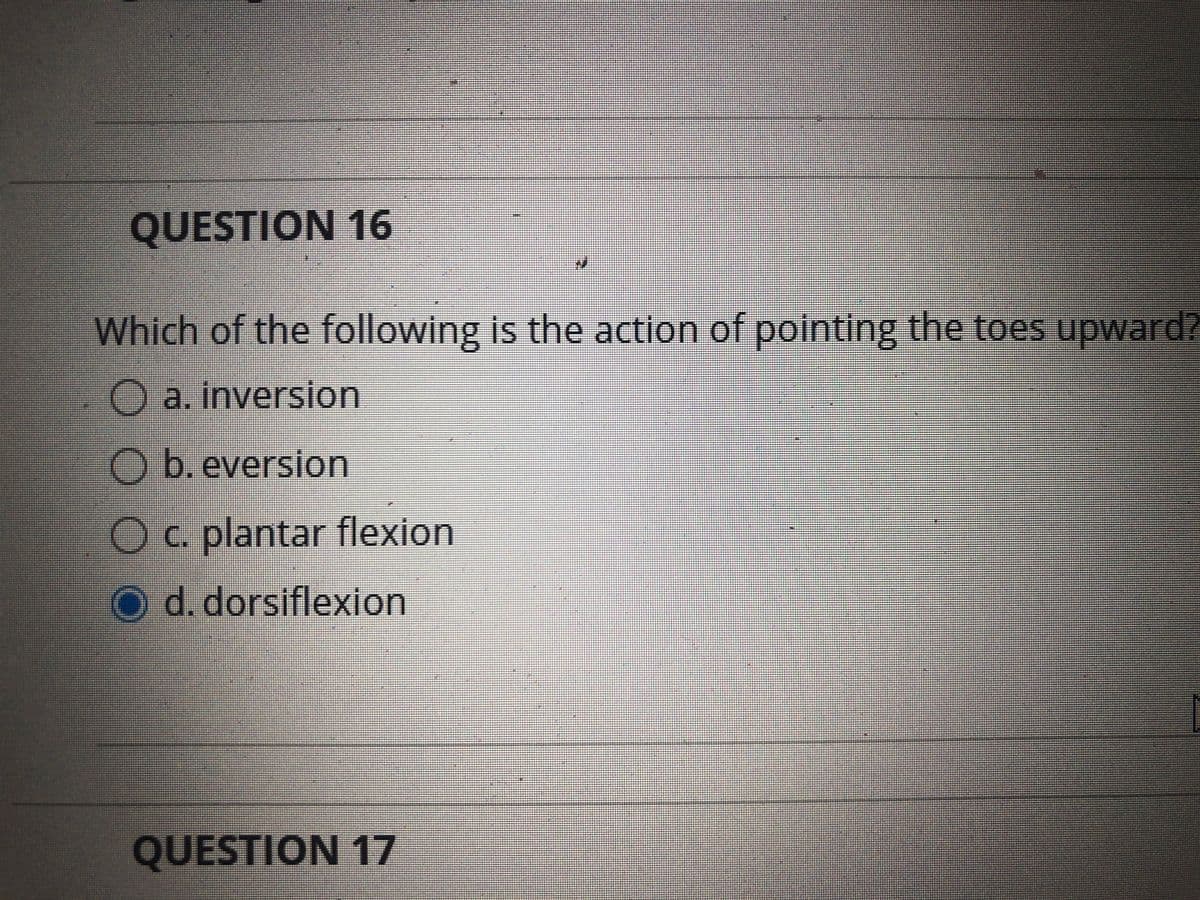 QUESTION 16
Which of the following is the action of pointing the toes upward?
O a. inversion
O b. eversion
c. plantar flexion
d. dorsiflexion
QUESTION 17
EO O O O
