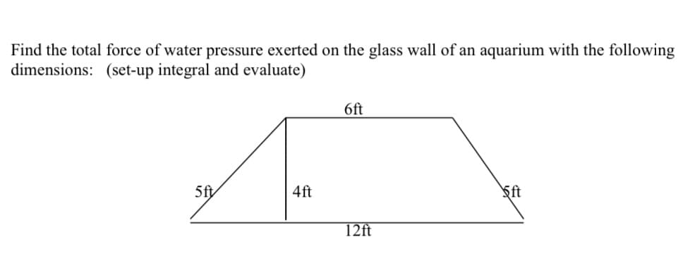 Find the total force of water pressure exerted on the glass wall of an aquarium with the following
dimensions: (set-up integral and evaluate)
6ft
5fy
4ft
ft
12ft
