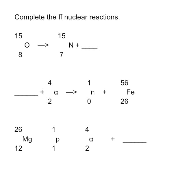 Complete the ff nuclear reactions.
15
15
N +
8
7
4
1
56
+ a
n +
Fe
2
26
26
1
4
Mg
p
1
a
12
+
2.

