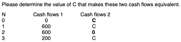 Please determine the value of C that makes these two cash flows equivalent.
N
Cash flows 1
Cash flows 2
1
600
2
600
3
200
C
