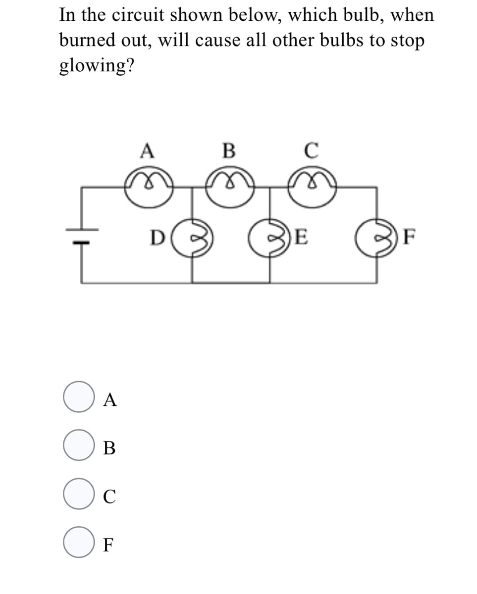 In the circuit shown below, which bulb, when
burned out, will cause all other bulbs to stop
glowing?
A
В
D
E
F
A
В
C
F
