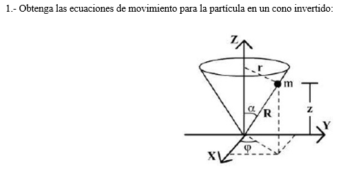 1.- Obtenga las ecuaciones de movimiento para la particula en un cono invertido:
a
m
T
Z