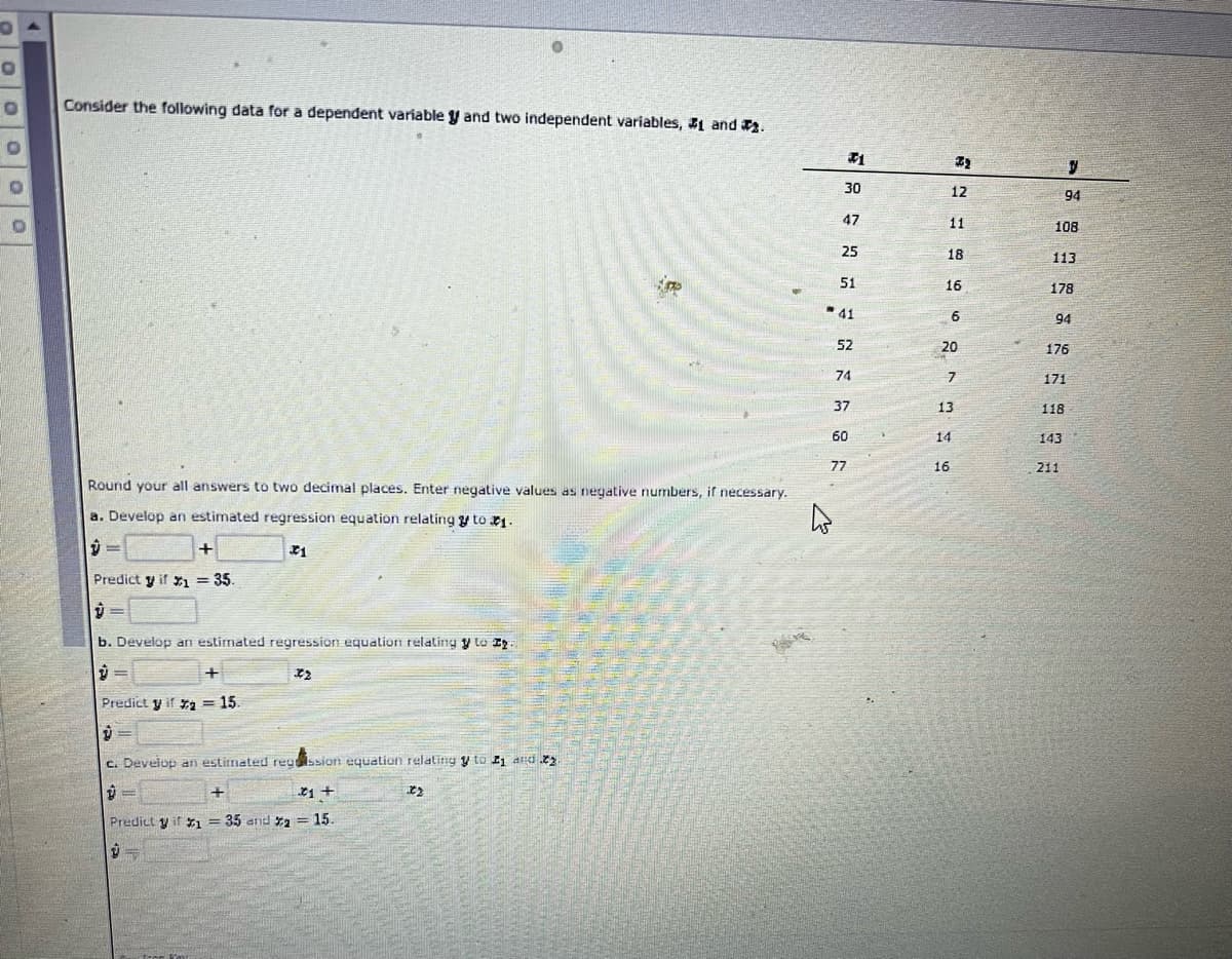 Consider the following data for a dependent variable y and two independent variables, 1 and .
30
12
94
47
11
108
25
18
113
51
16
178
41
94
52
20
176
74
171
37
13
118
60
14
143
77
16
211
Round your all answers to two decimal places. Enter negative values as negative numbers, if necessary.
a. Develop an estimated regression equation relating y to *1.
+
Predict y if xı = 35.
%3!
b. Develop an estimated regression equation relating y to Ig.
+
Predict y if a = 15.
c. Develop an estimated regssion equalion relatitng y to and
Predict y if 1 = 35 and *a = 15.
%3D
