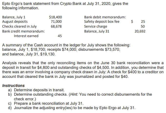 Epto Ergo's bank statement from Crypto Bank at July 31, 2020, gives the
following information.
$18,400
Balance, July 1
August deposits
Checks cleared in July
Bank debit memorandum:
$
Safety deposit box fee
Service charge
Balance, July 31
71,000
25
68,678
50
Bank credit memorandum:
20,692
Interest earned
45
A summary of the Cash account in the ledger for July shows the following:
balance, July 1, $18,700; receipts $74,000; disbursements $73,570;
and balance, July 31, $19,130.
Analysis reveals that the only reconciling items on the June 30 bank reconciliation were a
deposit in transit for $4,800 and outstanding checks of $4,500. In addition, you determine that
there was an error involving a company check drawn in July: A check for $400 to a creditor on
account that cleared the bank in July was journalized and posted for $4.
Instructions
a) Determine deposits in transit.
b) Determine outstanding checks. (Hint: You need to correct disbursements for the
check error.)
c) Prepare a bank reconciliation at July 31.
d) Journalize the adjusting entry(ies) to be made by Epto Ergo at July 31.
