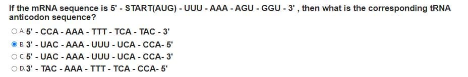 If the mRNA sequence is 5' - S TART(AUG) - UUU - AAA - AGU - GGU - 3' , then what is the corresponding tRNA
anticodon sequence?
%3D
O A. 5' - CCA - AAA - TTT - TCA - TAC - 3'
B. 3' - UAC - AAA - UUU - UCA - CCA- 5'
OC.5' - UAC - AAA - UUU - UCA - CCA- 3'
O D.3' - TAC - AAA - TTT - TCA - CCA- 5'
