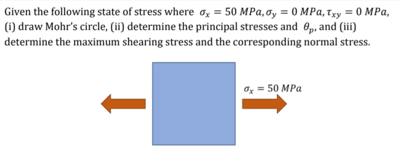 Given the following state of stress where ox = 50 MPa, oy = 0 MPa,txy = 0 MPa,
(i) draw Mohr's circle, (ii) determine the principal stresses and 0,, and (iii)
determine the maximum shearing stress and the corresponding normal stress.
%3D
Ox = 50 MPa
