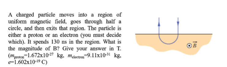 A charged particle moves into a region of
uniform magnetic field, goes through half a
circle, and then exits that region. The particle is
either a proton or an electron (you must decide
which). It spends 130 ns in the region. What is
the magnitude of B? Give your answer in T.
(mproton=1.672x10-27 kg, melectron-9.11x10-31 kg,
e=1.602x10-19 C)
O B
