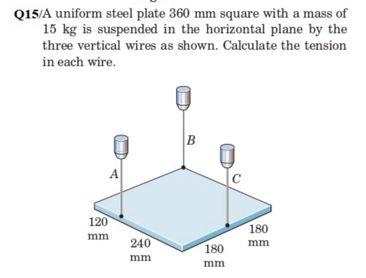 Q15/A uniform steel plate 360 mm square with a mass of
15 kg is suspended in the horizontal plane by the
three vertical wires as shown. Calculate the tension
in each wire.
A
C
120
180
mm
240
mm
180
mm
mm
