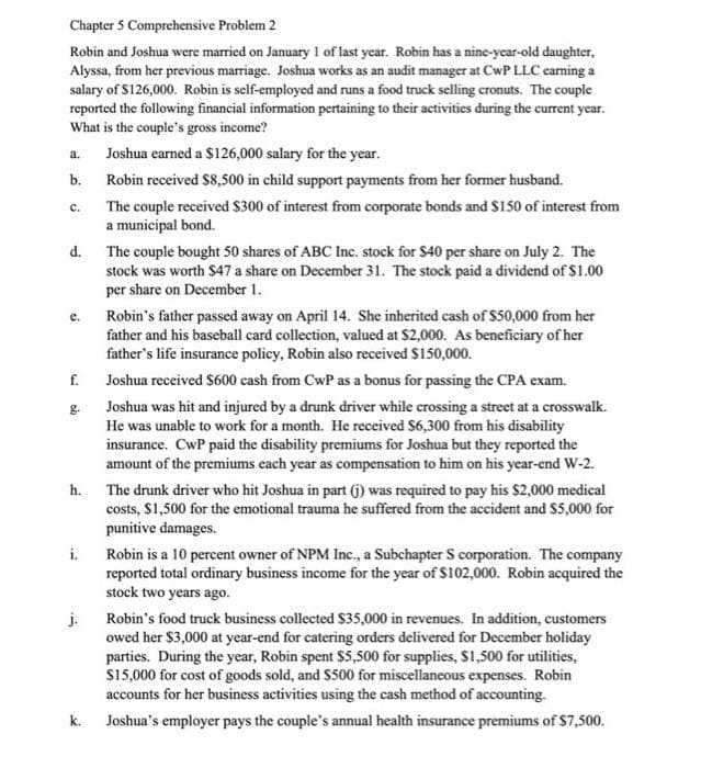 Chapter 5 Comprehensive Problem 2
Robin and Joshua were married on January 1 of last year. Robin has a nine-year-old daughter,
Alyssa, from her previous marriage. Joshua works as an audit manager at CwP LLC earning a
salary of $126,000. Robin is self-employed and runs a food truck selling cronuts. The couple
reported the following financial information pertaining to their activities during the current year.
What is the couple's gross income?
a.
b.
C.
d.
e.
f.
g.
h.
i.
j.
k.
Joshua earned a $126,000 salary for the year.
Robin received $8,500 in child support payments from her former husband.
The couple received $300 of interest from corporate bonds and $150 of interest from
a municipal bond.
The couple bought 50 shares of ABC Inc. stock for $40 per share on July 2. The
stock was worth $47 a share on December 31. The stock paid a dividend of $1.00
per share on December 1.
Robin's father passed away on April 14. She inherited cash of $50,000 from her
father and his baseball card collection, valued at $2,000. As beneficiary of her
father's life insurance policy, Robin also received $150,000.
Joshua received $600 cash from CwP as a bonus for passing the CPA exam.
Joshua was hit and injured by a drunk driver while crossing a street at a crosswalk.
He was unable to work for a month. He received $6,300 from his disability
insurance. CwP paid the disability premiums for Joshua but they reported the
amount of the premiums each year as compensation to him on his year-end W-2.
The drunk driver who hit Joshua in part (j) was required to pay his $2,000 medical
costs, $1,500 for the emotional trauma he suffered from the accident and $5,000 for
punitive damages.
Robin is a 10 percent owner of NPM Inc., a Subchapter S corporation. The company
reported total ordinary business income for the year of $102,000. Robin acquired the
stock two years ago.
Robin's food truck business collected $35,000 in revenues. In addition, customers
owed her $3,000 at year-end for catering orders delivered for December holiday
parties. During the year, Robin spent $5,500 for supplies, $1,500 for utilities,
$15,000 for cost of goods sold, and $500 for miscellaneous expenses. Robin
accounts for her business activities using the cash method of accounting.
Joshua's employer pays the couple's annual health insurance premiums of $7,500.