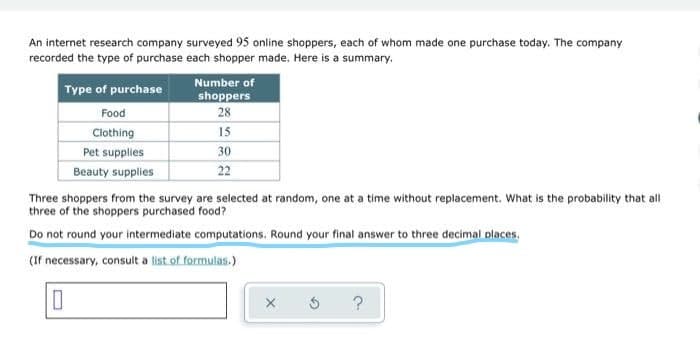 An internet research company surveyed 95 online shoppers, each of whom made one purchase today. The company
recorded the type of purchase each shopper made. Here is a summary.
Number of
Type of purchase
Food
shoppers
28
Clothing
15
Pet supplies
30
Beauty supplies
22
Three shoppers from the survey are selected at random, one at a time without replacement. What is the probability that all
three of the shoppers purchased food?
Do not round your intermediate computations. Round your final answer to three decimal places.
(If necessary, consult a list of formulas.)
