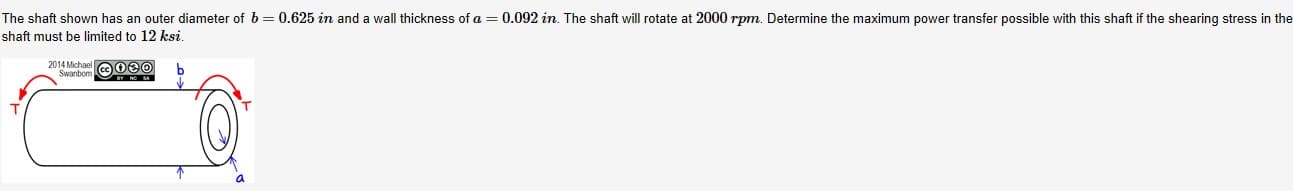 The shaft shown has an outer diameter of b = 0.625 in and a wall thickness of a = 0.092 in. The shaft will rotate at 2000 rpm. Determine the maximum power transfer possible with this shaft if the shearing stress in the
shaft must be limited to 12 ksi.
2014 Michael a 0e0
Swanbom
